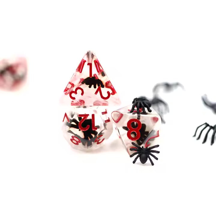 Black Spider 7pc Dice Set for TTRPG inked in Red