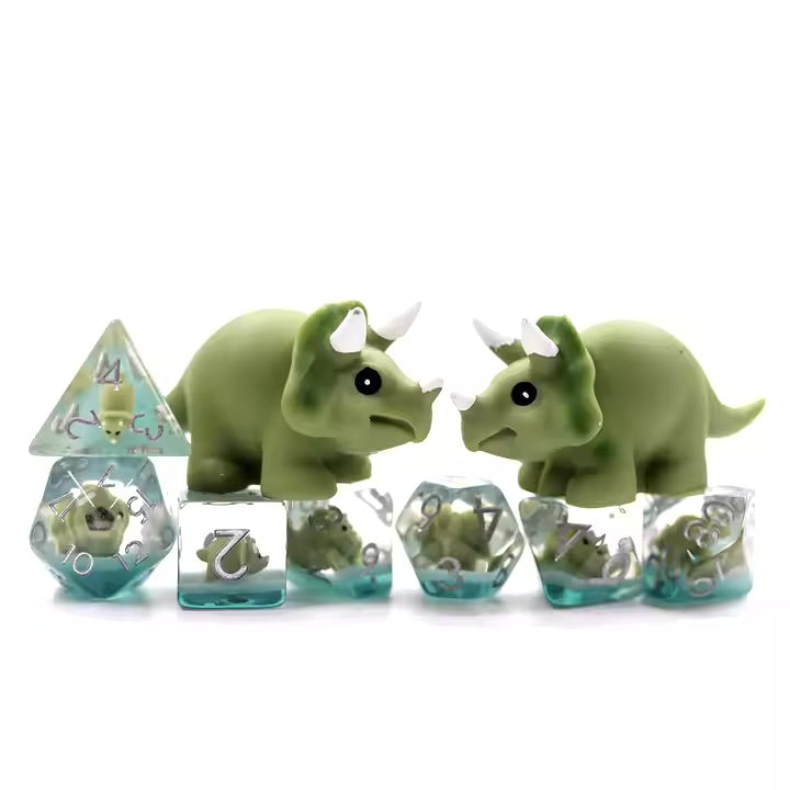 Triceratops 7pc Dice Set for TTRPG inked in Silver