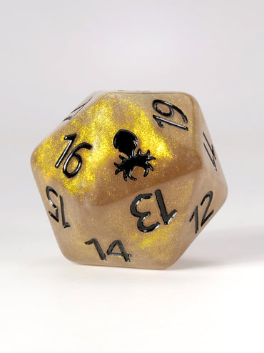 Kraken dice D20 polyhedral dice with gold and black design on a white background
