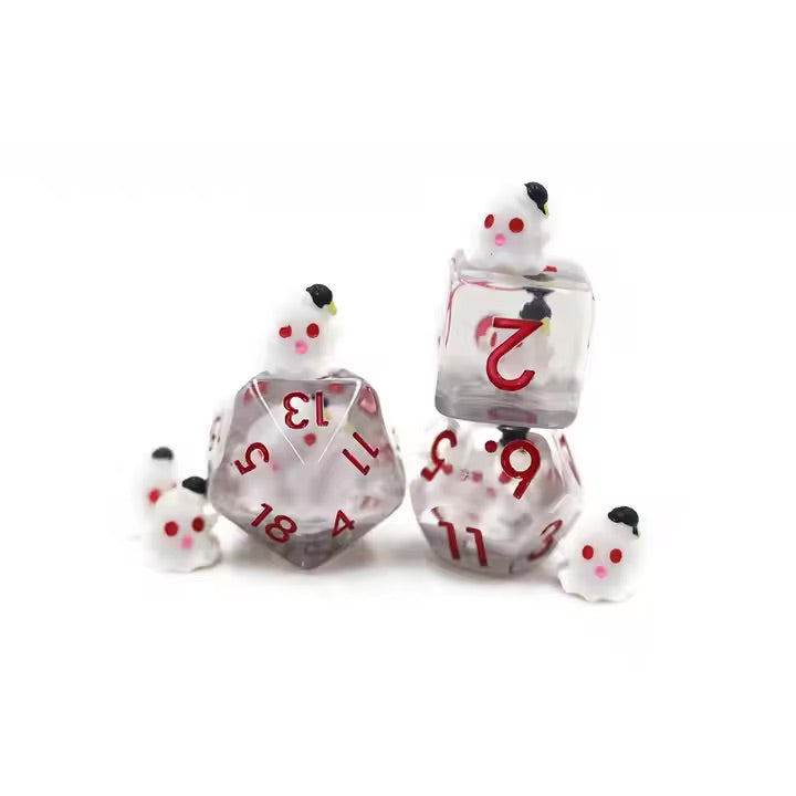 Ghost 7pc Dice Set for TTRPG inked in Red