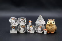 Baby Owl 7pc Dice Set for TTRPG inked in Silver