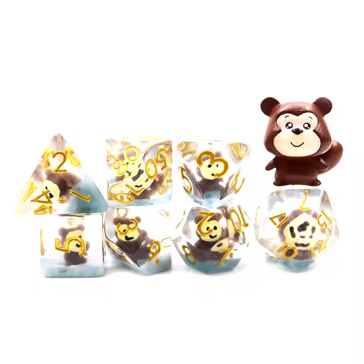 Monkey 7pc Dice Set for TTRPG inked in Gold