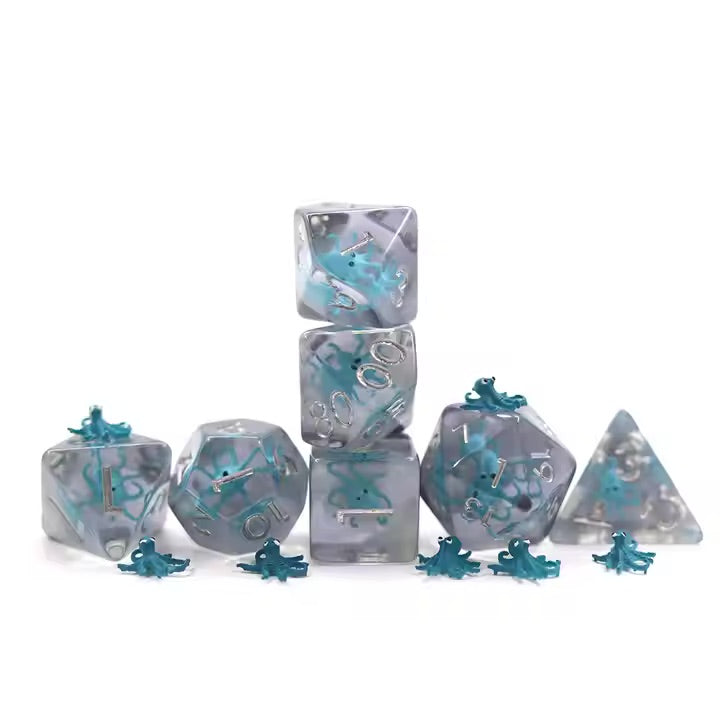 Teal Octopus 7pc Dice Set for TTRPG inked in Silver