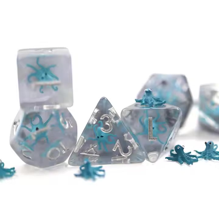 Teal Octopus 7pc Dice Set for TTRPG inked in Silver