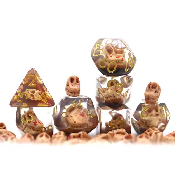 Dragon Skull 7pc Dice Set for TTRPG inked in Gold