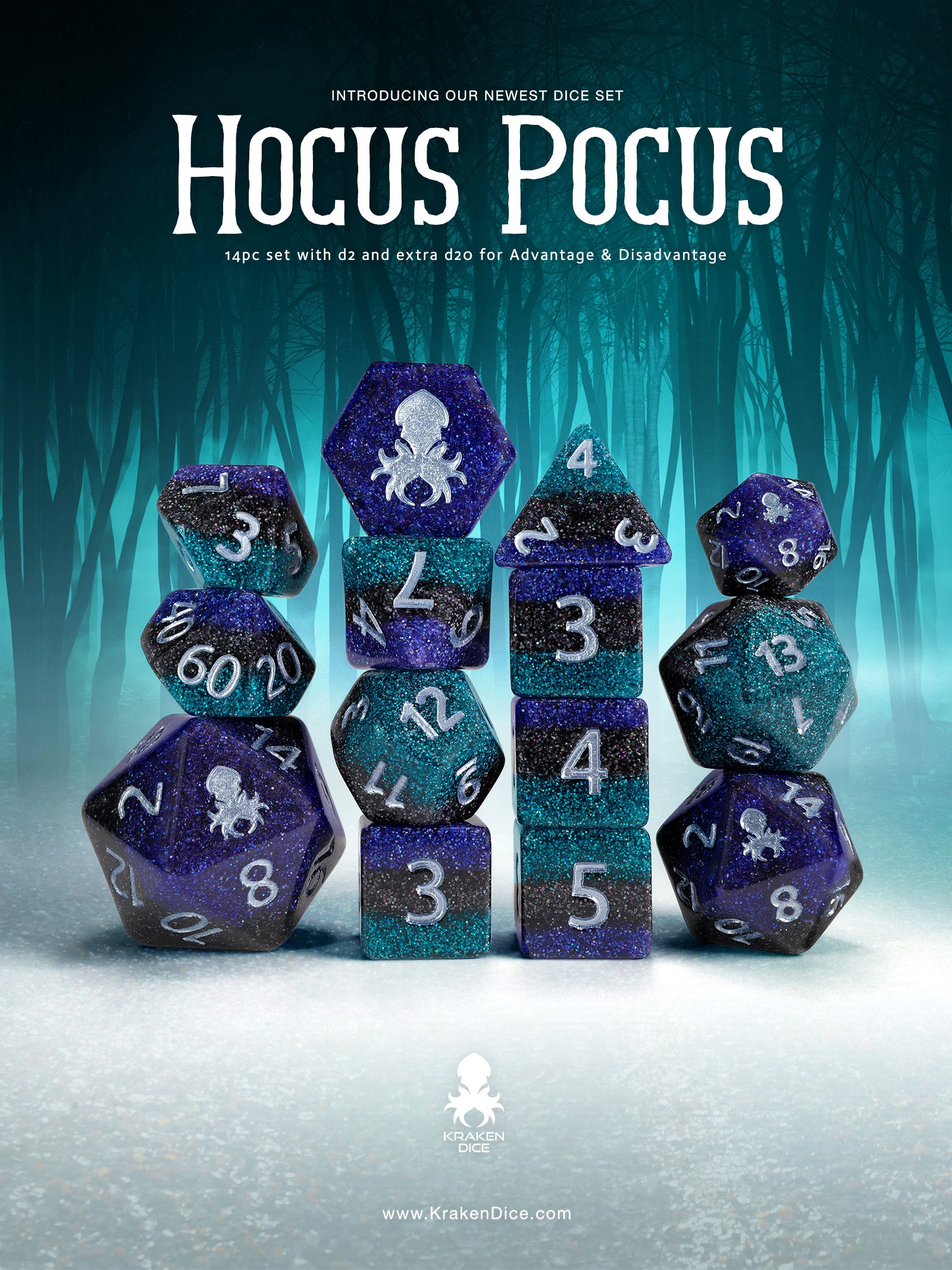 Hocus Pocus 14pc Dice Set Inked in Silver