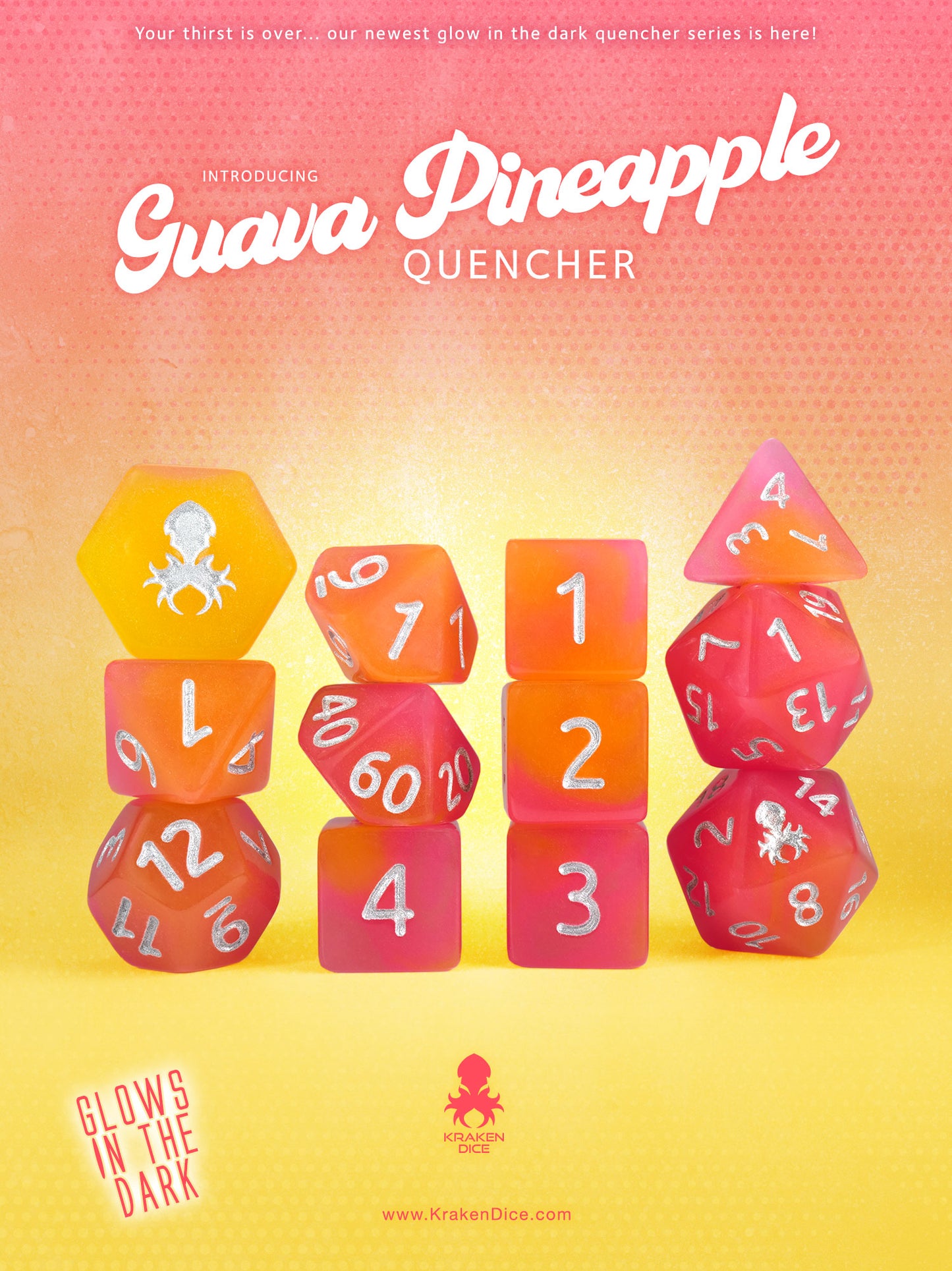 Guava Pineapple Quencher Glow in the Dark 12pc Dice Set inked in Silver