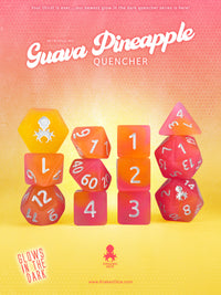 Guava Pineapple Quencher Glow in the Dark 12pc Dice Set inked in Silver