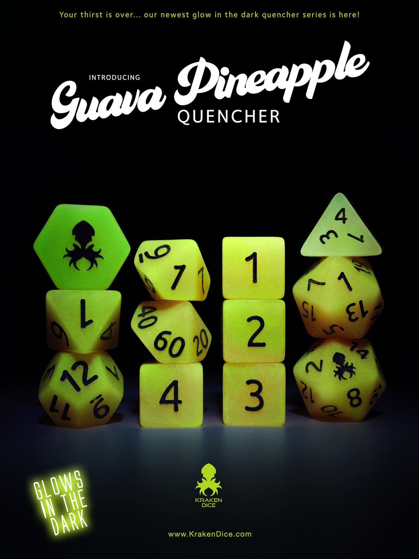 Guava Pineapple Quencher Glow in the Dark 12pc Dice Set inked in Silver