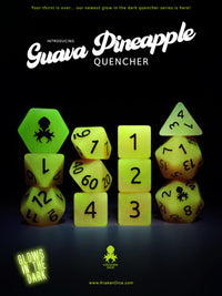 Guava Pineapple Quencher Glow in the Dark 12pc Dice Set inked in Silver