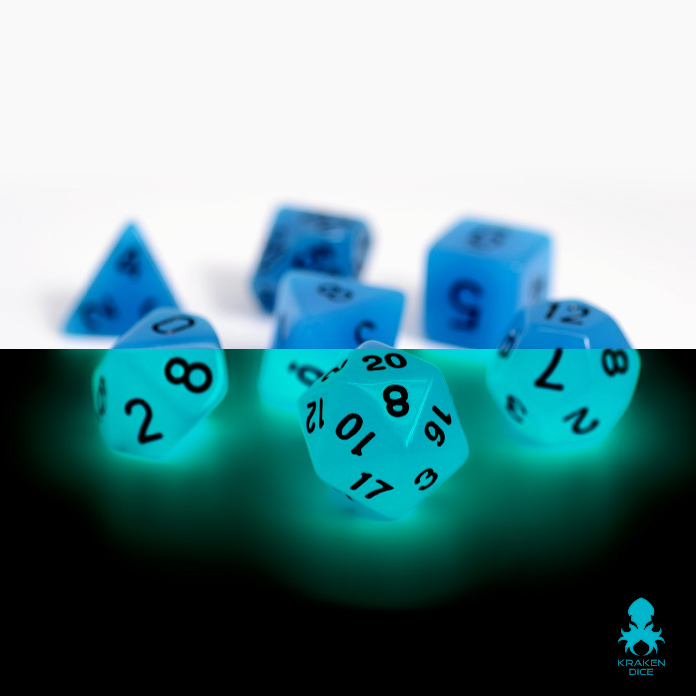 Glow in the Dark Blue Dice Set for RPGS