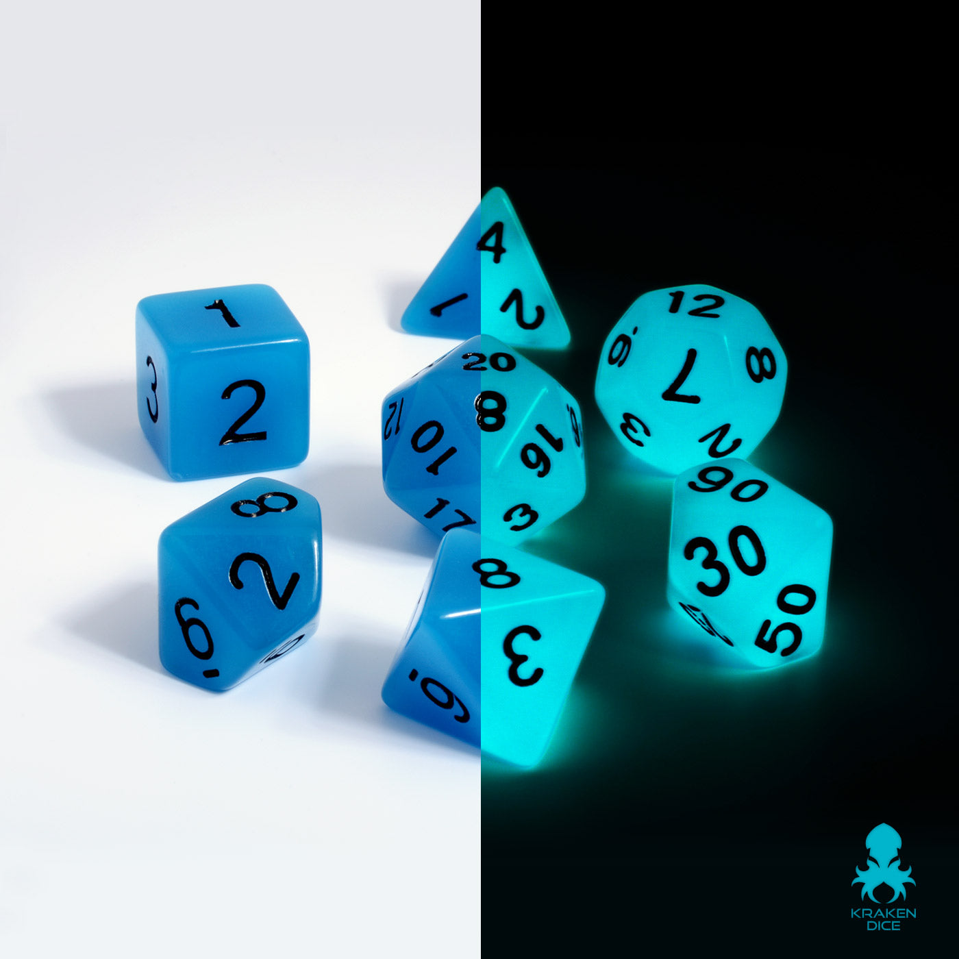 Glow in the Dark Blue Dice Set for RPGS