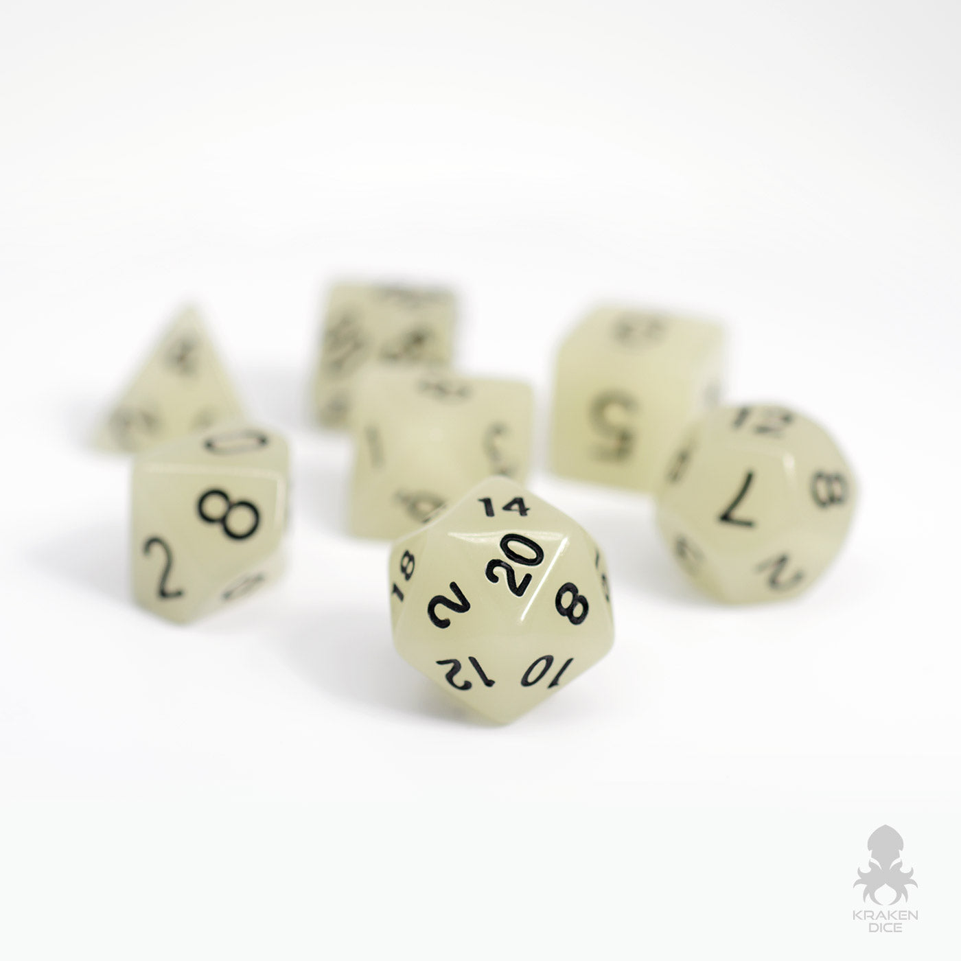 Glow in the Dark White Dice Set for RPGS