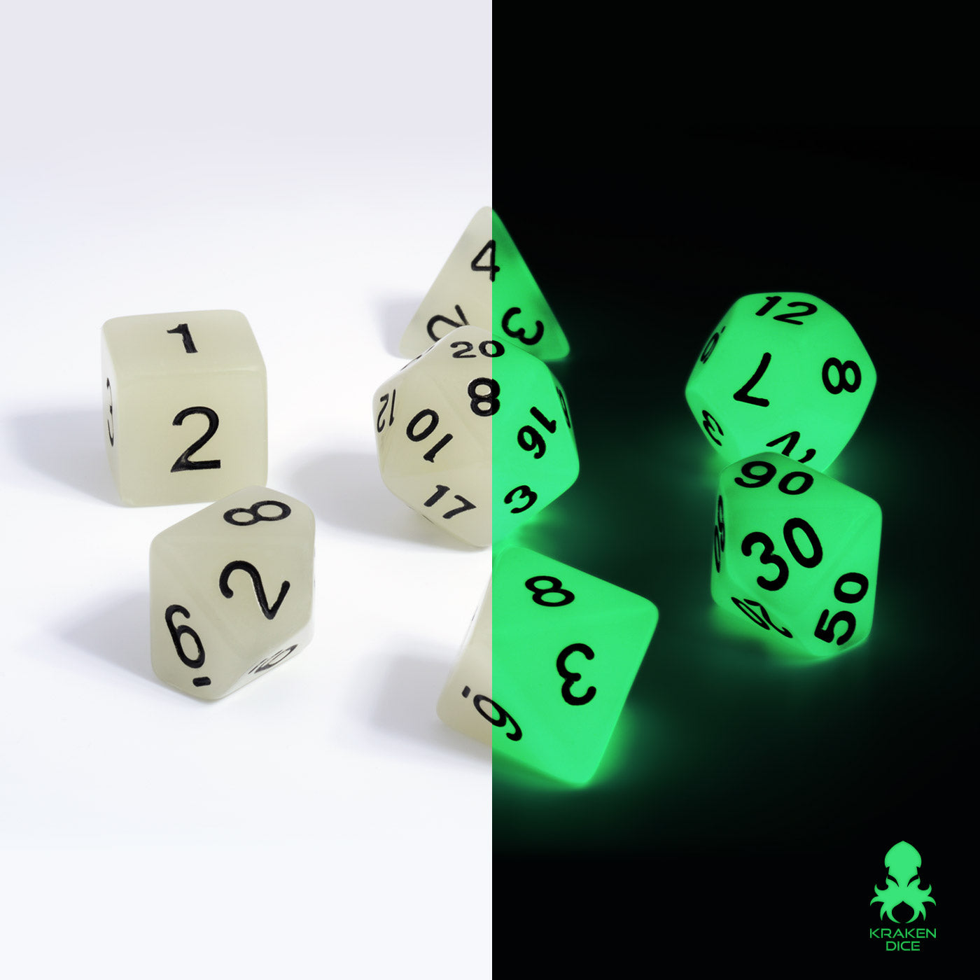 Glow in the Dark White Dice Set for RPGS