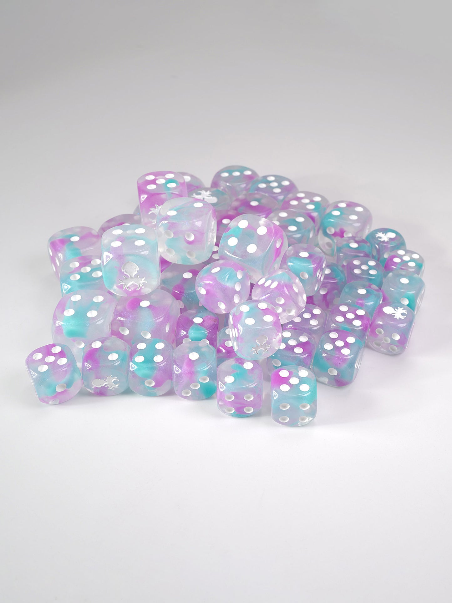 Set of pips dice with pink and teal glitter swirls pattern on a white background