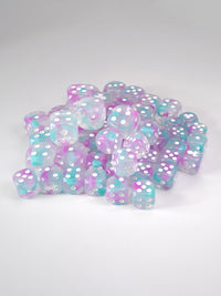 Set of pips dice with pink and teal glitter swirls pattern on a white background