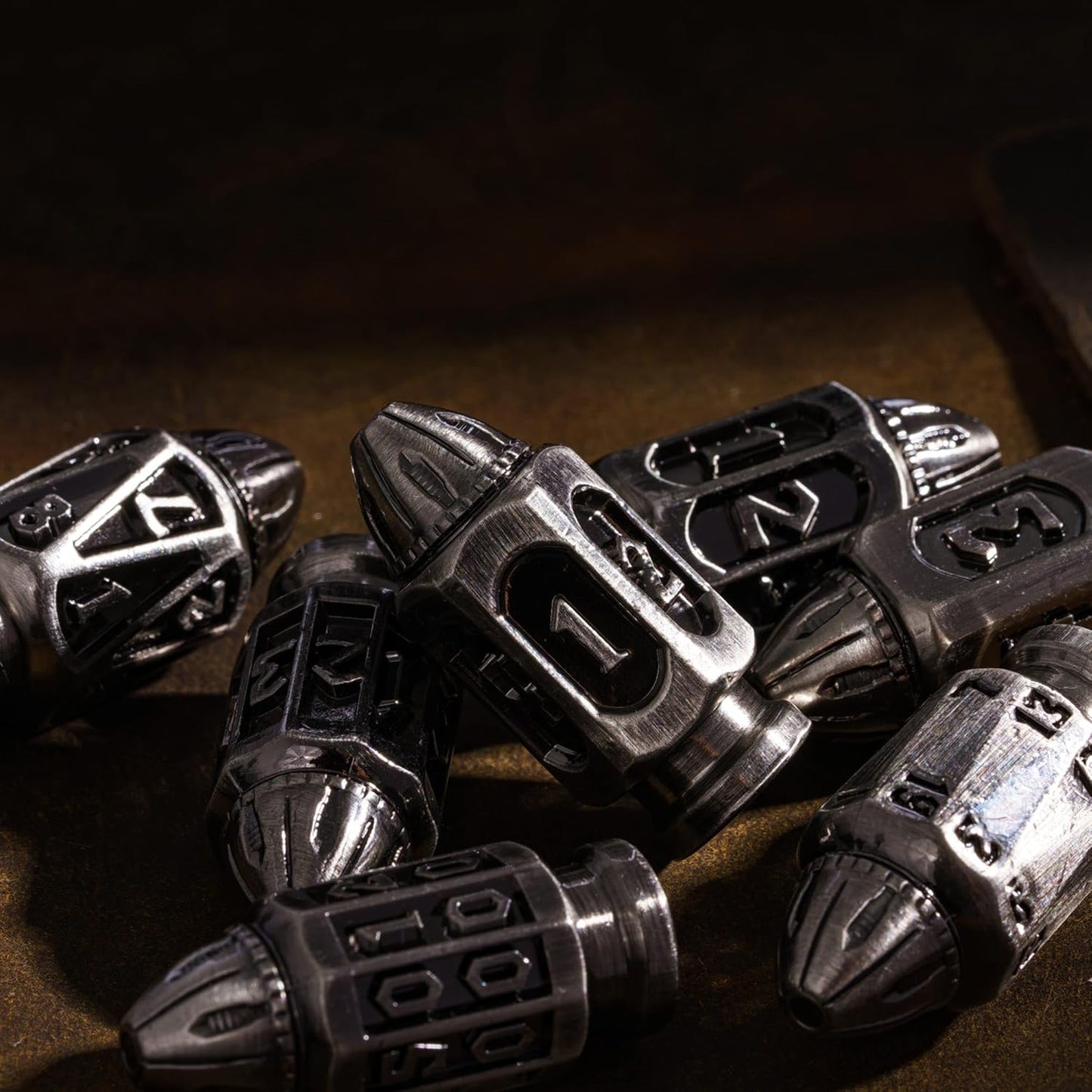 Silver Bullet Metal Dice Set With Magazine Storage Container