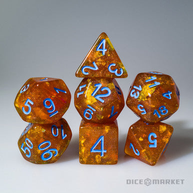 Orange Gold Leaf Filled Glitter with Blue Ink 7pc Dice Set