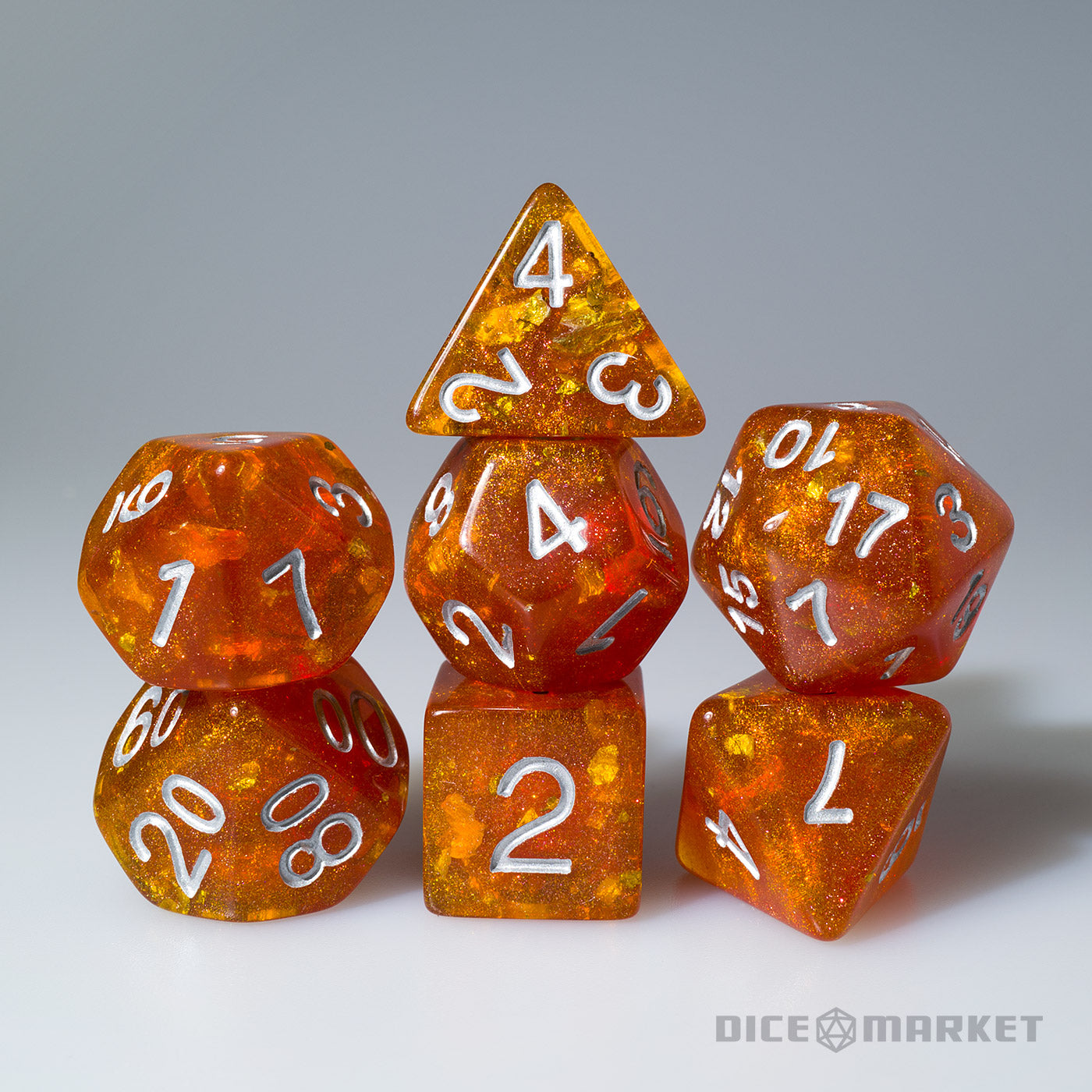 Orange Gold Leaf Filled Glitter with Silver Ink  7pc Polyhedral Dice Set