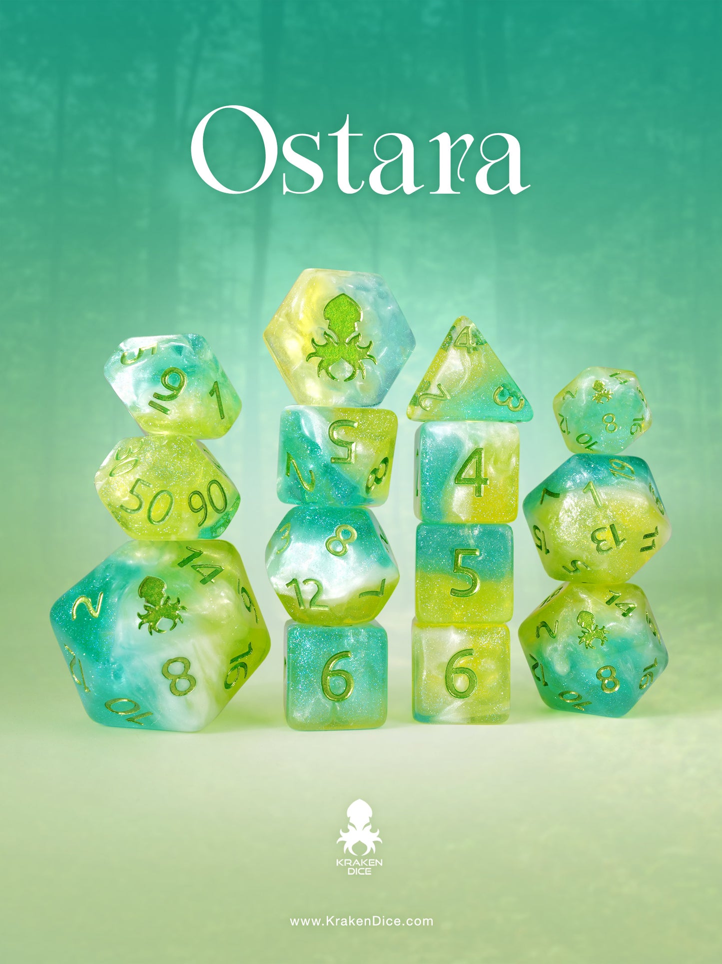 Ostara 14pc Dice Set inked in Metallic Green