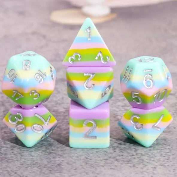 Pastel Rainbow 7pc Dice Set inked in Silver