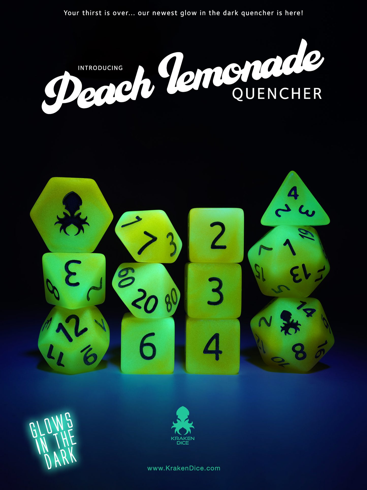 Peach Lemonade Quencher Glow in the Dark 12pc Dice Set inked in Silver