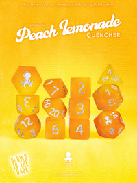 Peach Lemonade Quencher Glow in the Dark 12pc Dice Set inked in Silver