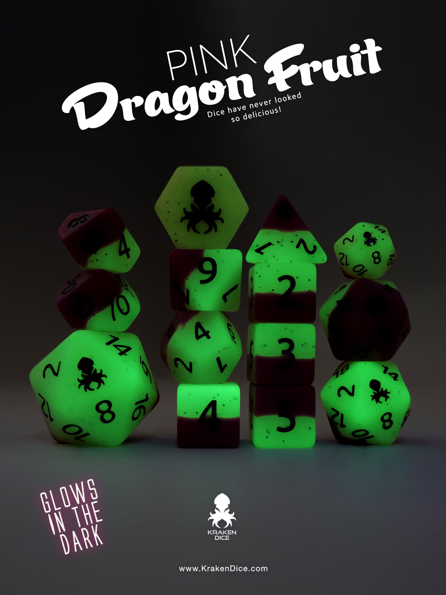 Pink Dragon Fruit Glow in the Dark 14pc Dice Set inked in Green