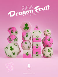 Pink Dragon Fruit Glow in the Dark 14pc Dice Set inked in Green