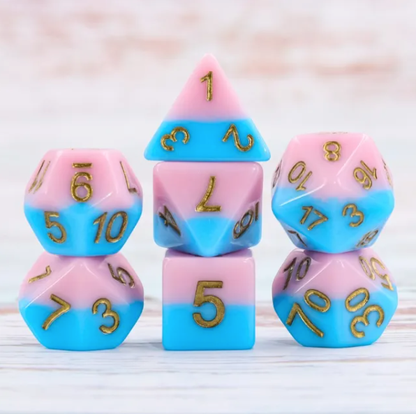 Pink Beach 7pc Dice Set inked in Gold