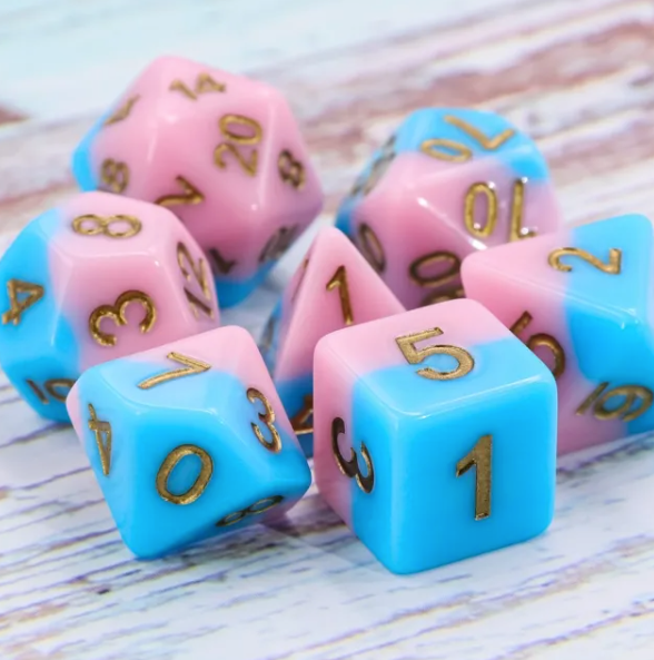 Pink Beach 7pc Dice Set inked in Gold