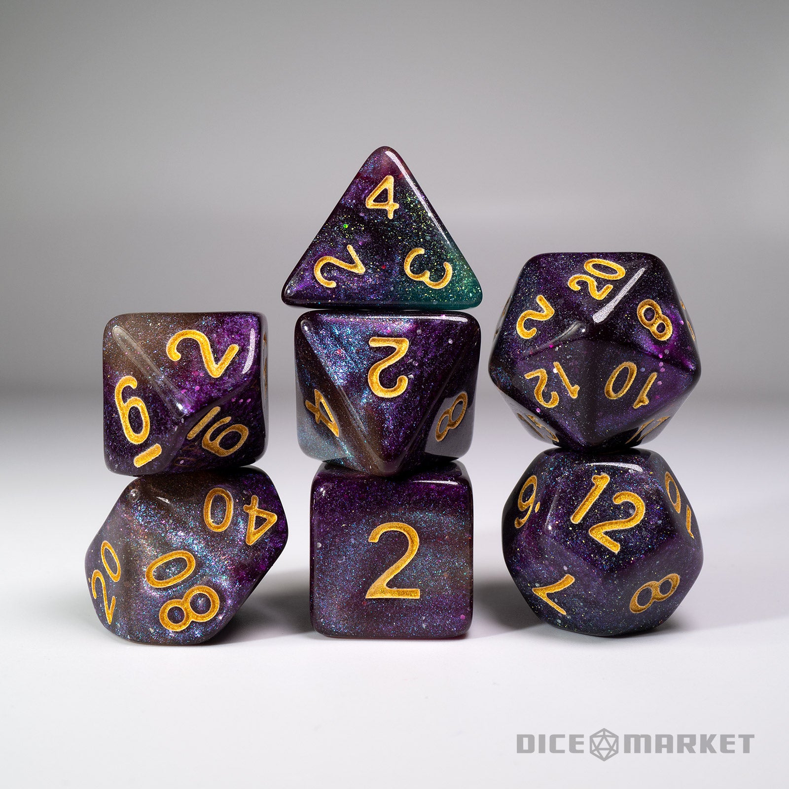 Purple Green Black Glitter Shift Blended  7pc  Dice Set