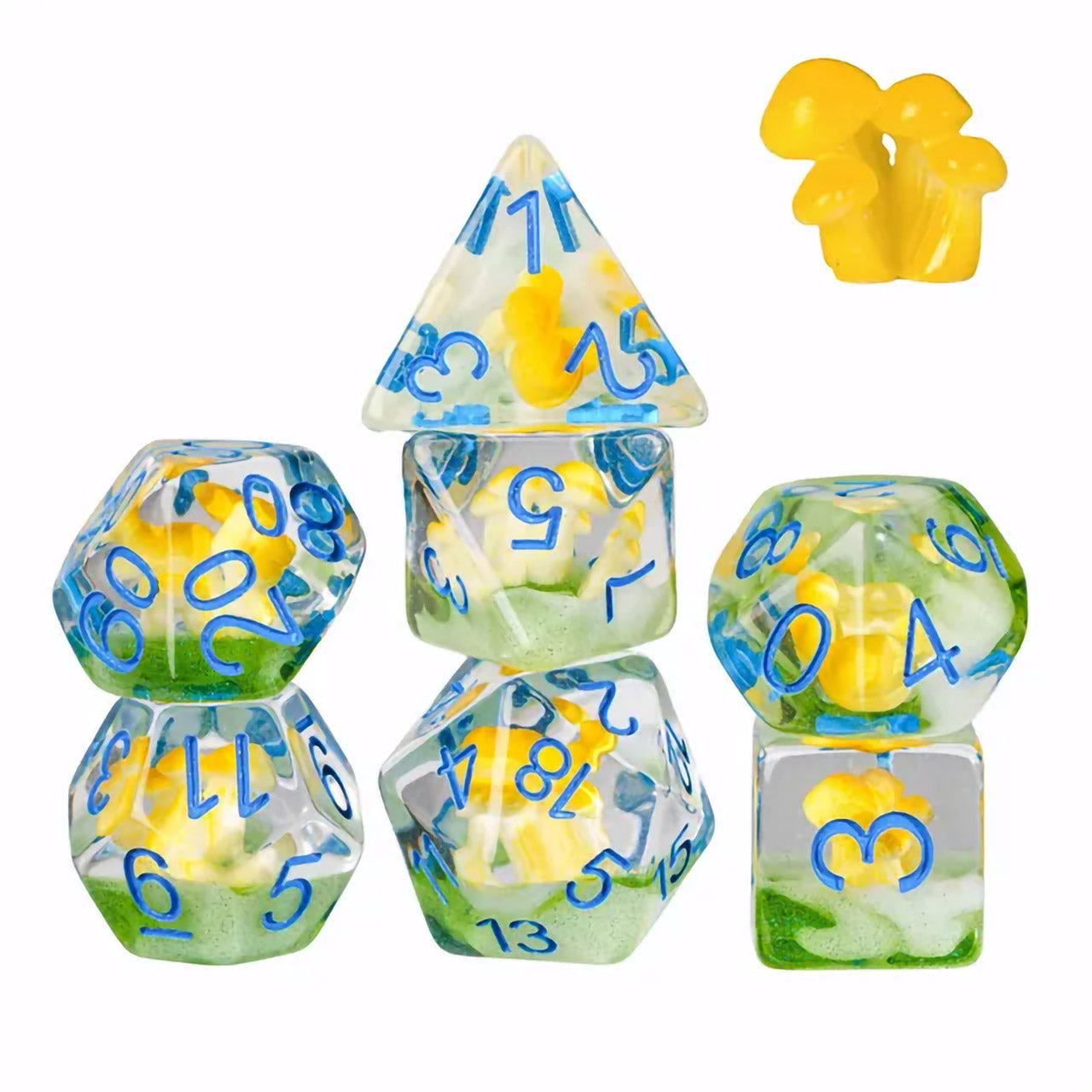 Yellow Mushrooms 7pc Dice Set Inked in Blue