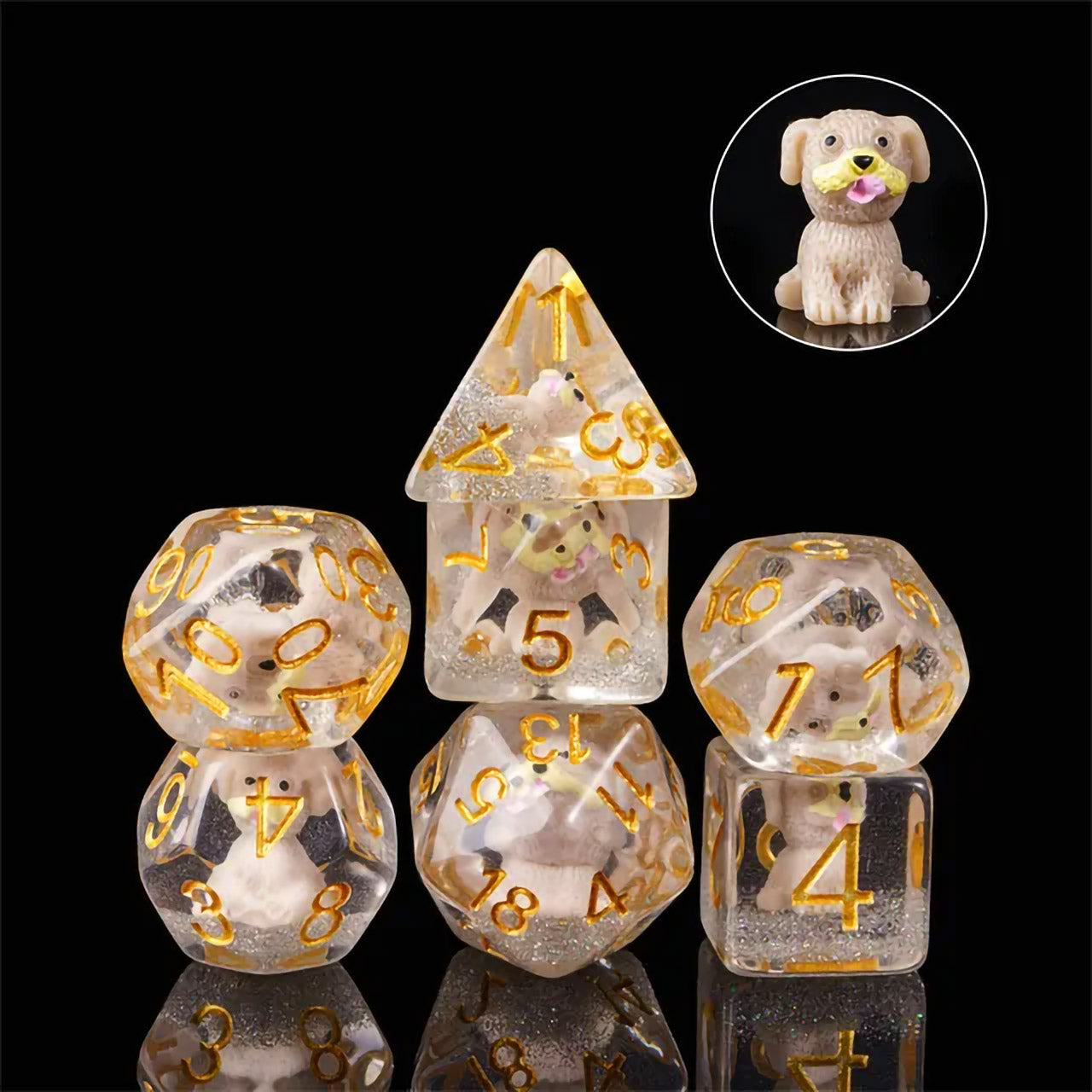 Grey Puppy 7pc Dice Set Inked in Gold