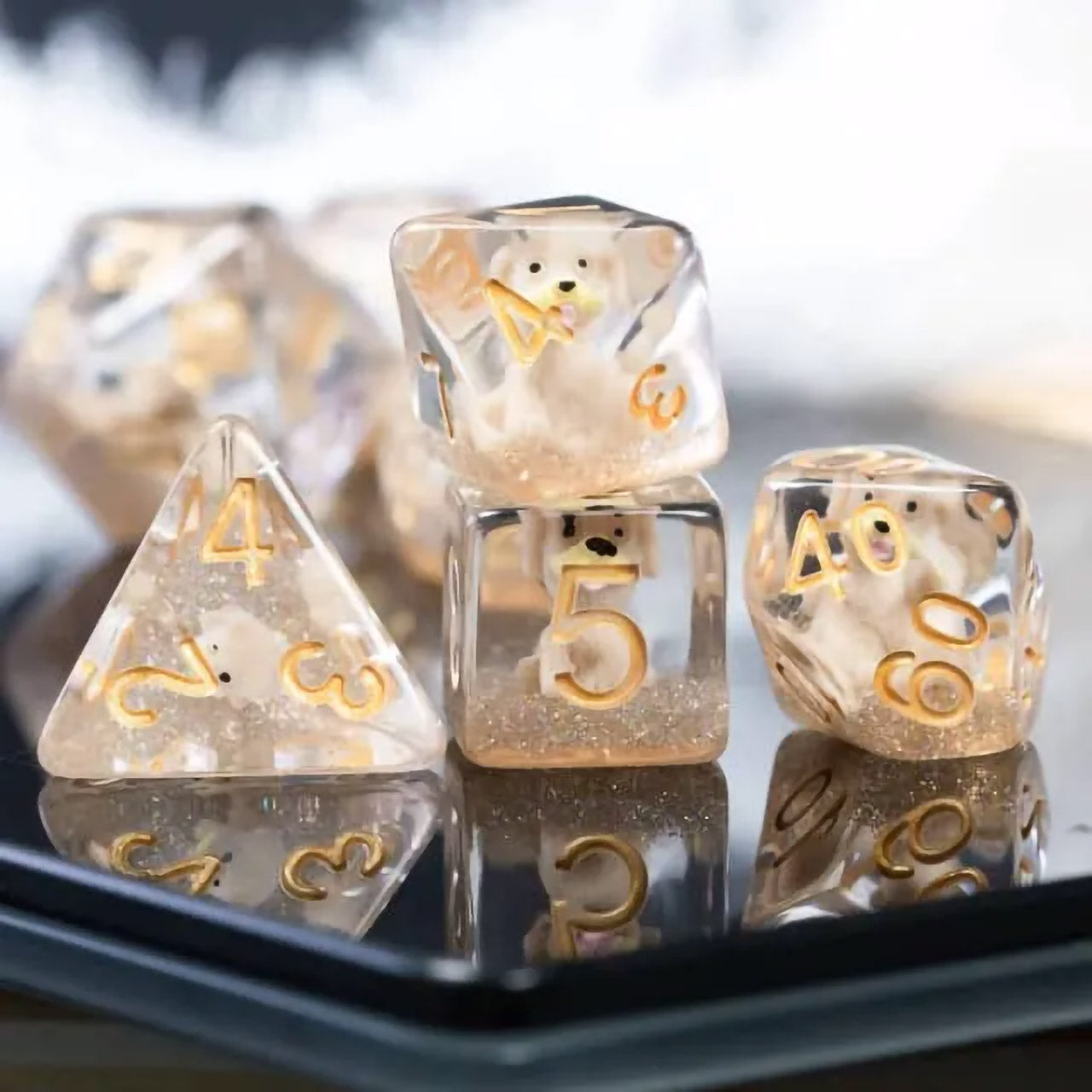 Grey Puppy 7pc Dice Set Inked in Gold