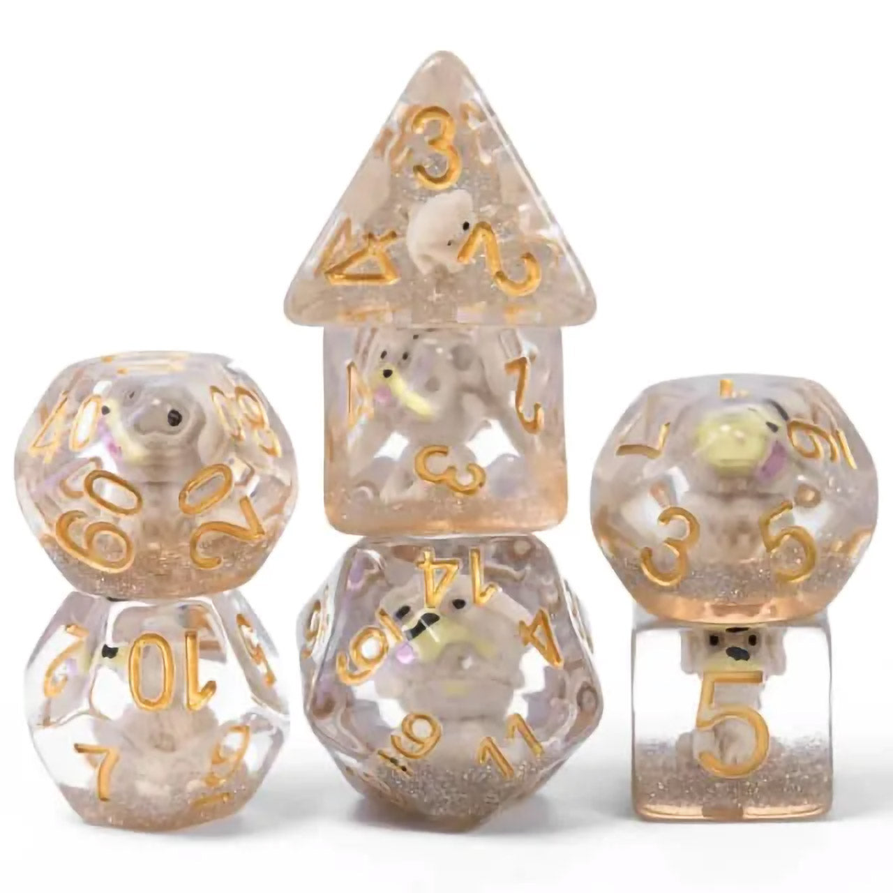 Grey Puppy 7pc Dice Set Inked in Gold