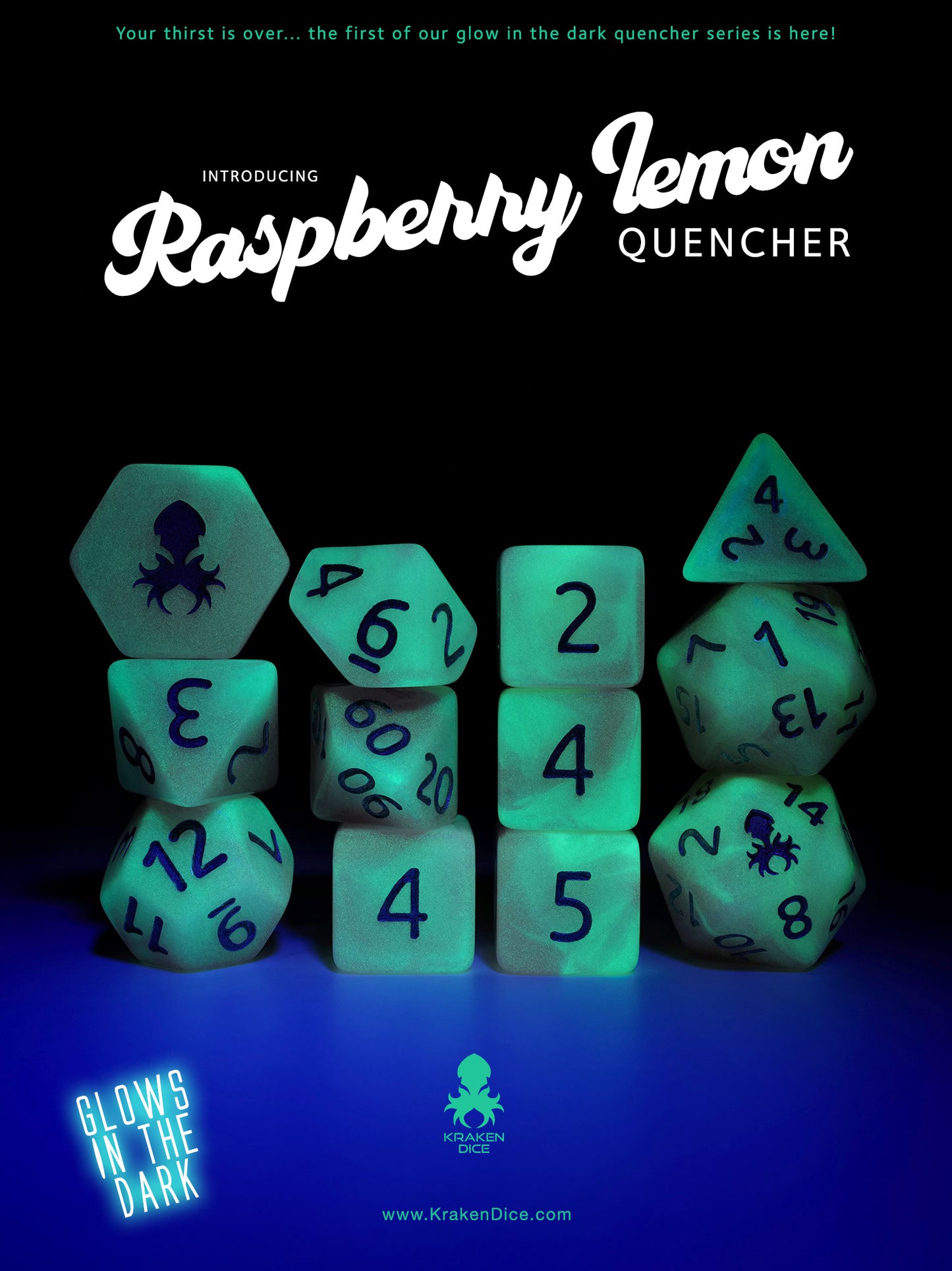 Raspberry Lemon Quencher Glow in the Dark 12pc Dice Set inked in Silver