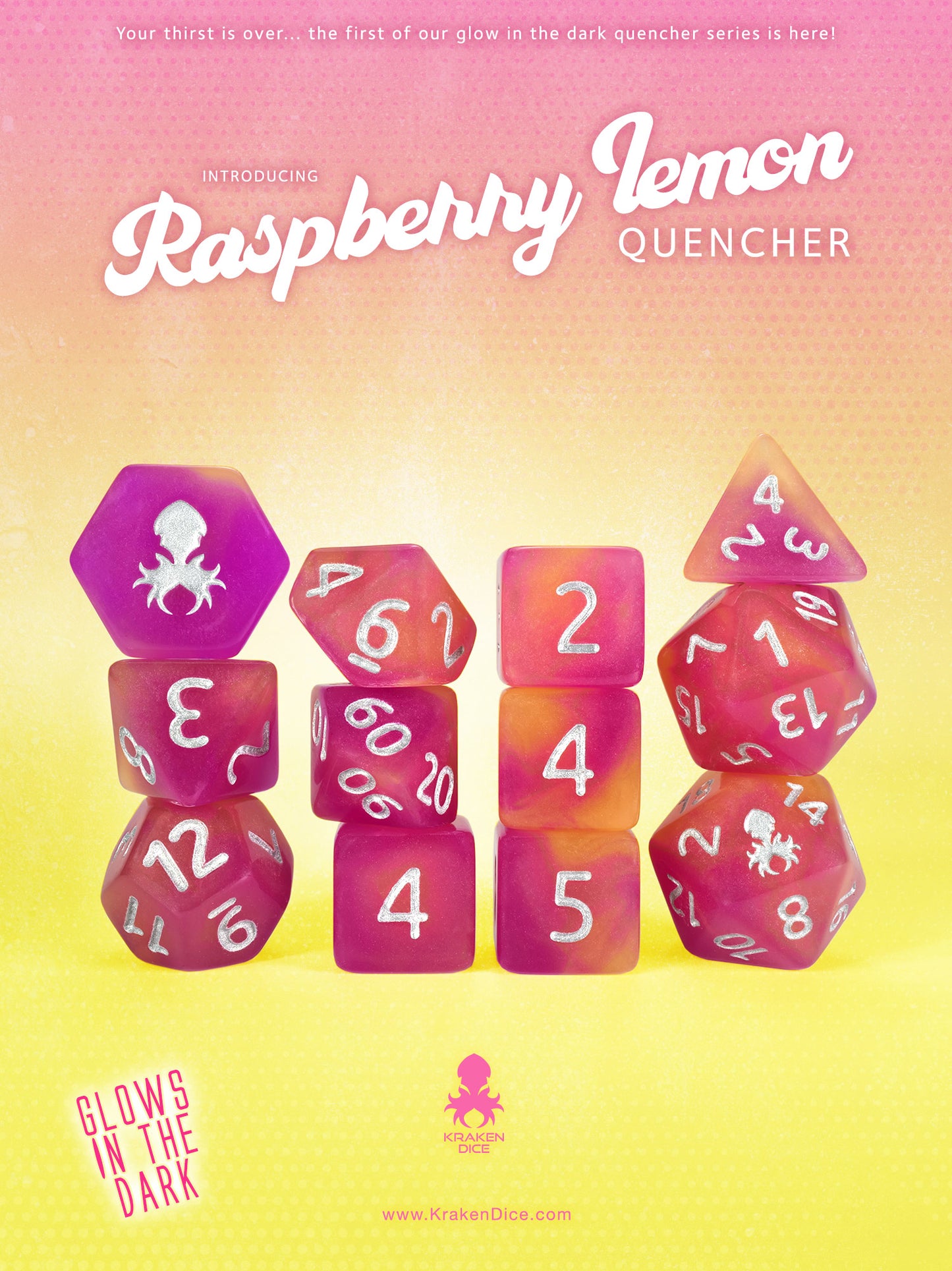 Raspberry Lemon Quencher Glow in the Dark 12pc Dice Set inked in Silver