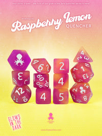 Raspberry Lemon Quencher Glow in the Dark 12pc Dice Set inked in Silver