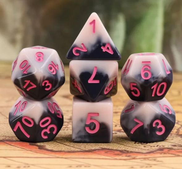 Sakura Mountain 7pc Dice Set inked in Pink