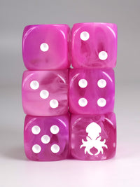 Pink dice d6 pips with rounded corners with white Kraken Dice logo Wargaming Resin Dice for War hammer type war games.