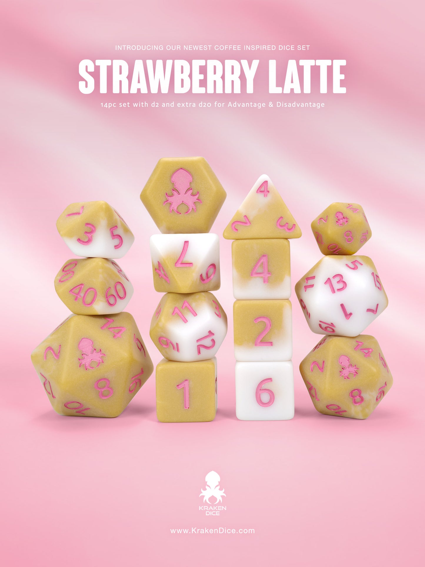 Strawberry Latte Matte 14pc Dice Set inked in Pink