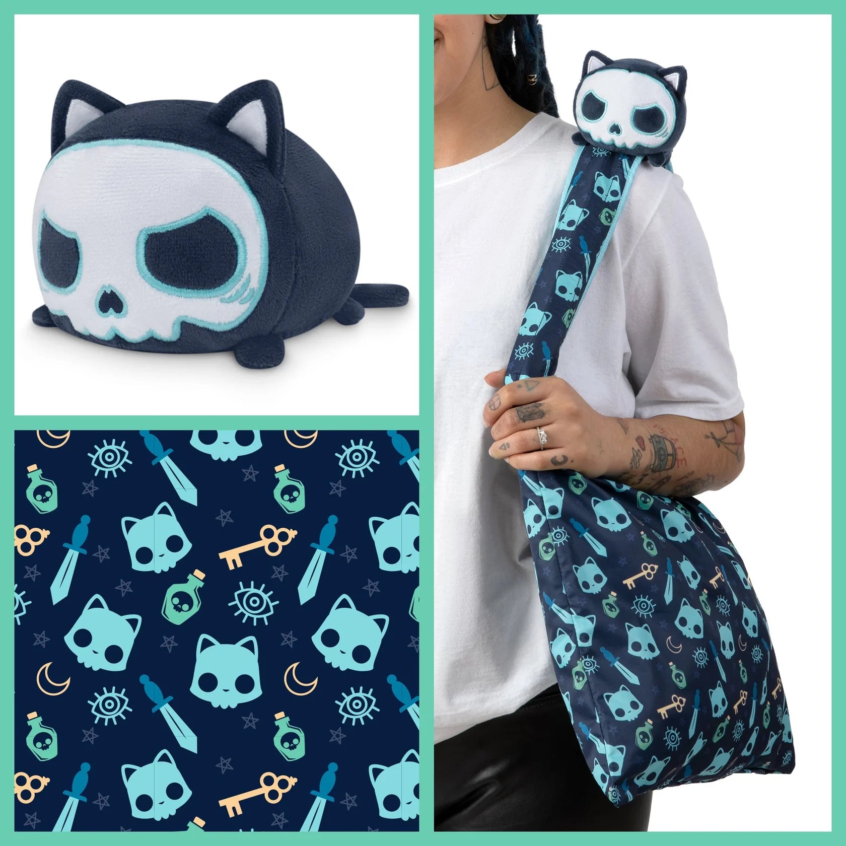 Plushie Tote Bag: Dark Blue Skulls Tote Bag and Skull Cat Plushie