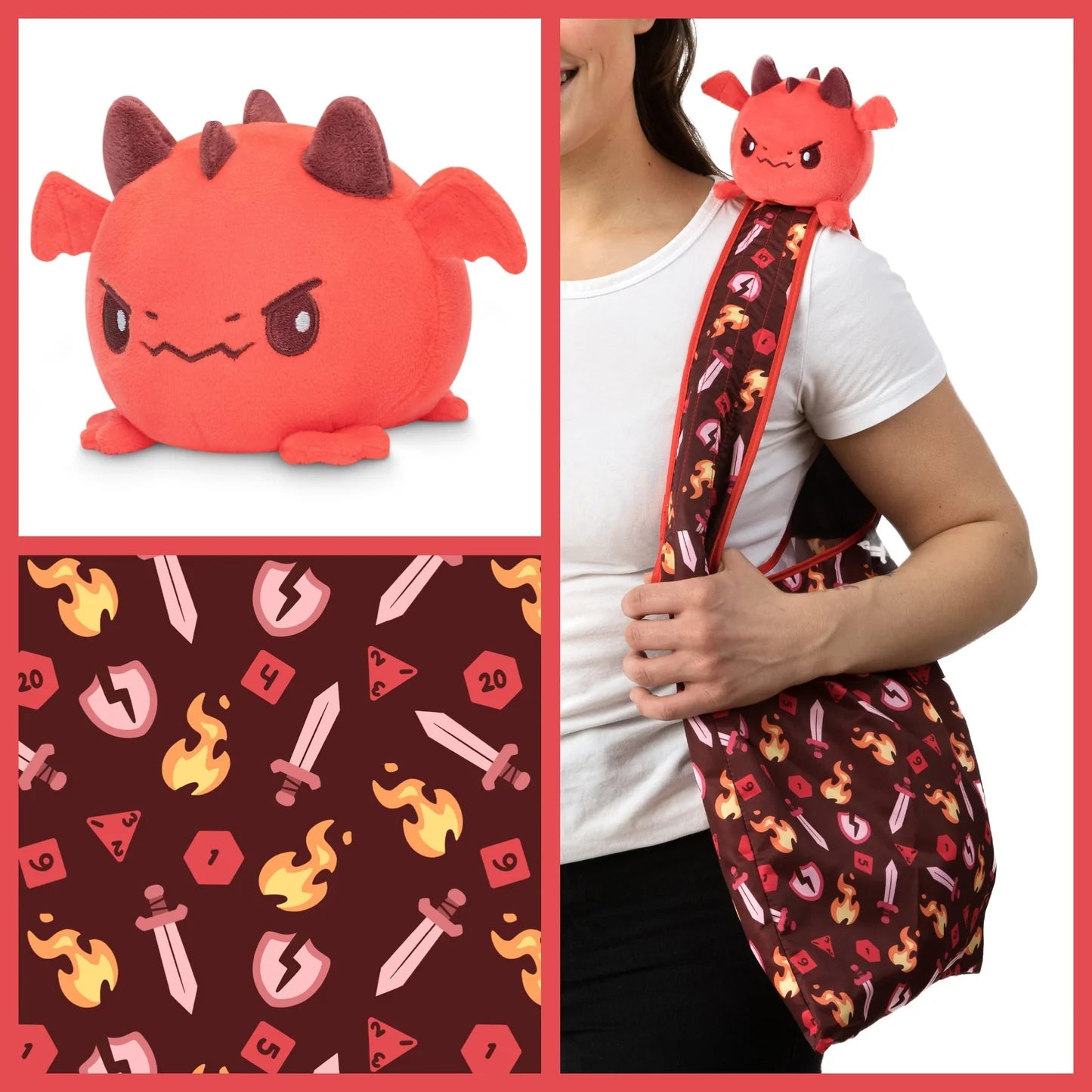 Plushie Tote Bag: Dark Red Tabletop Gaming Tote Bag and Red Dragon Plushie
