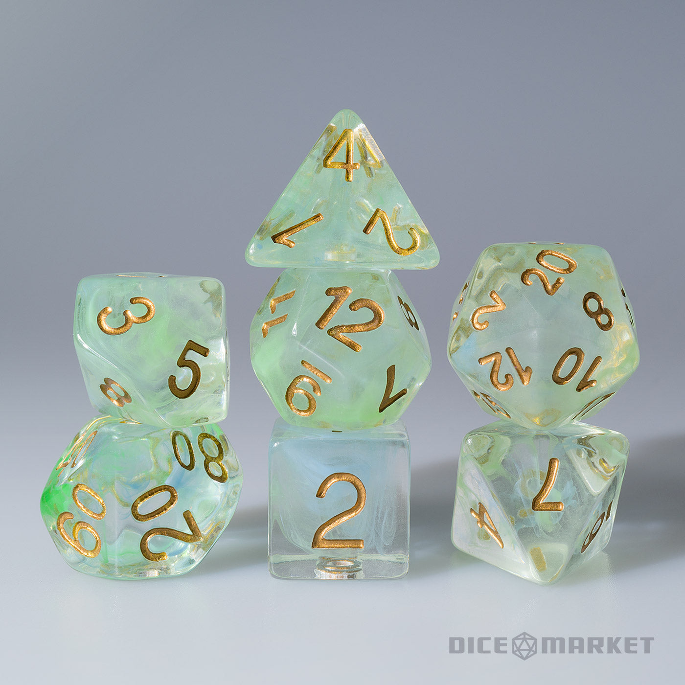 Teal And Light Green Swirl With Copper Ink 7pc Polyhedral Dice Set Kraken Dice 