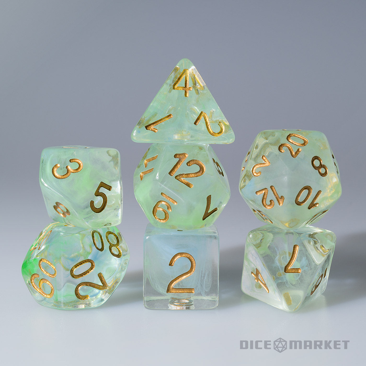 Teal and Light Green Swirl with Copper Ink 7pc Polyhedral Dice Set