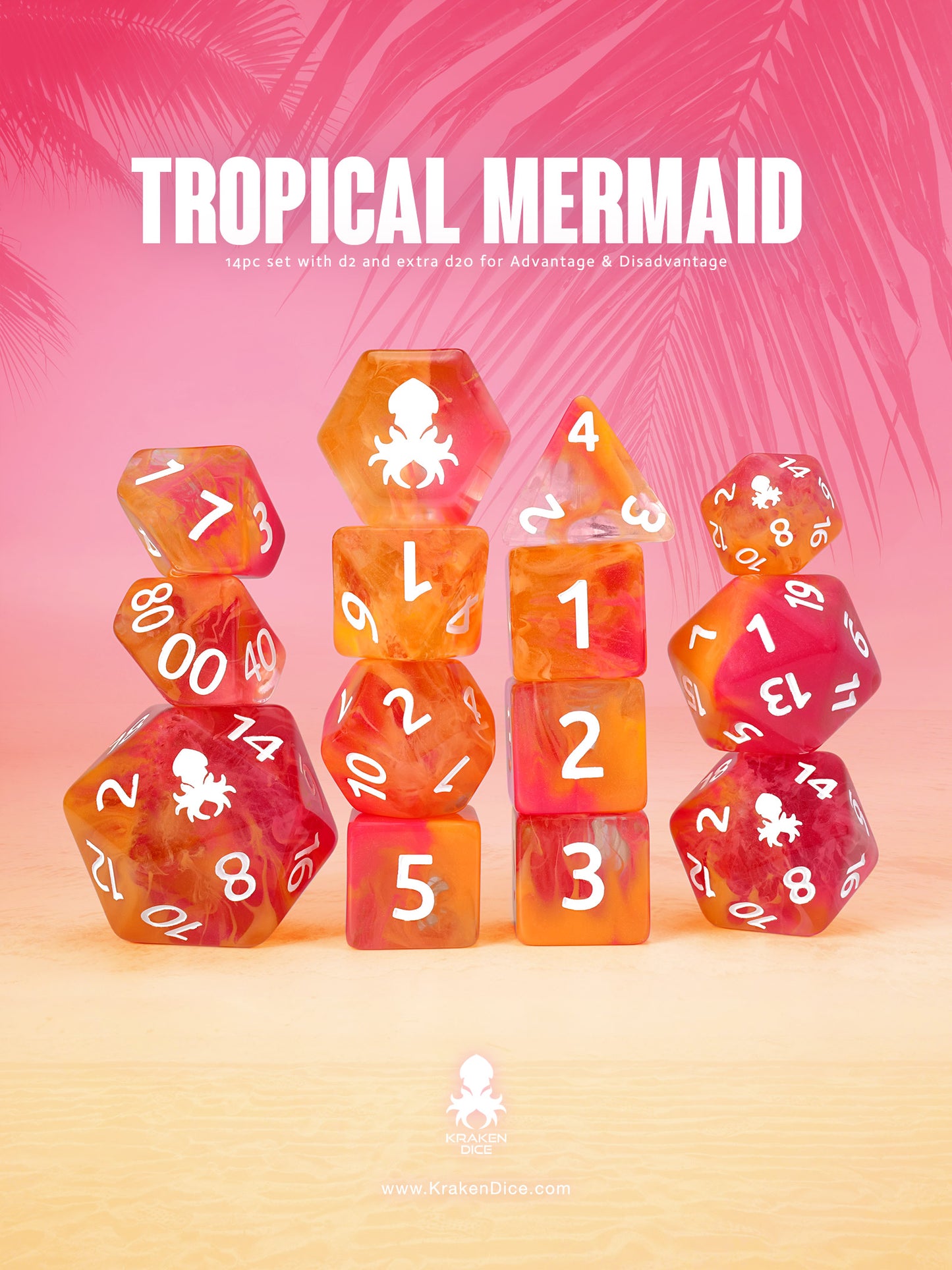 Tropical Mermaid 14pc Dice Set inked in White