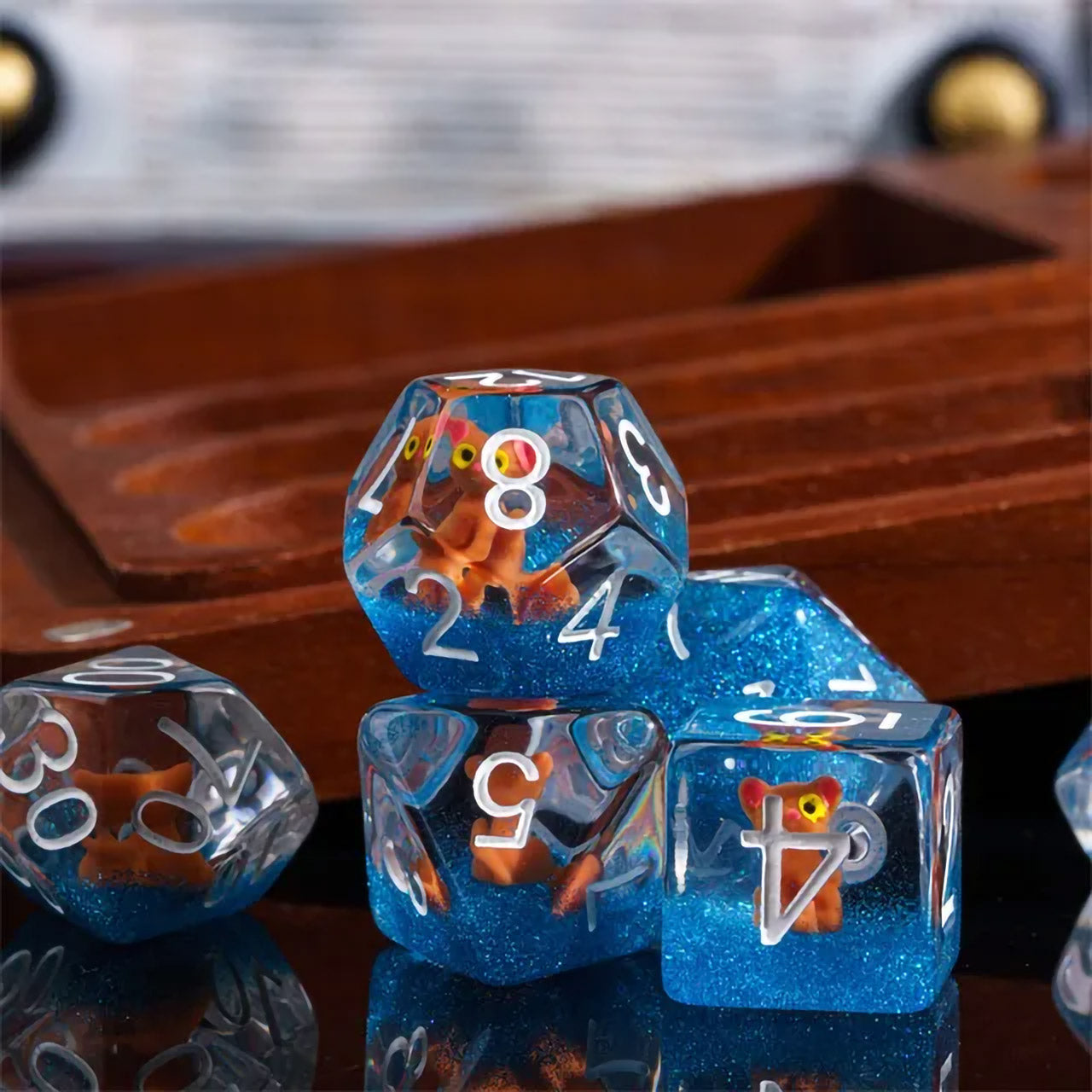 Brown Cat 7pc Dice Set Inked in White