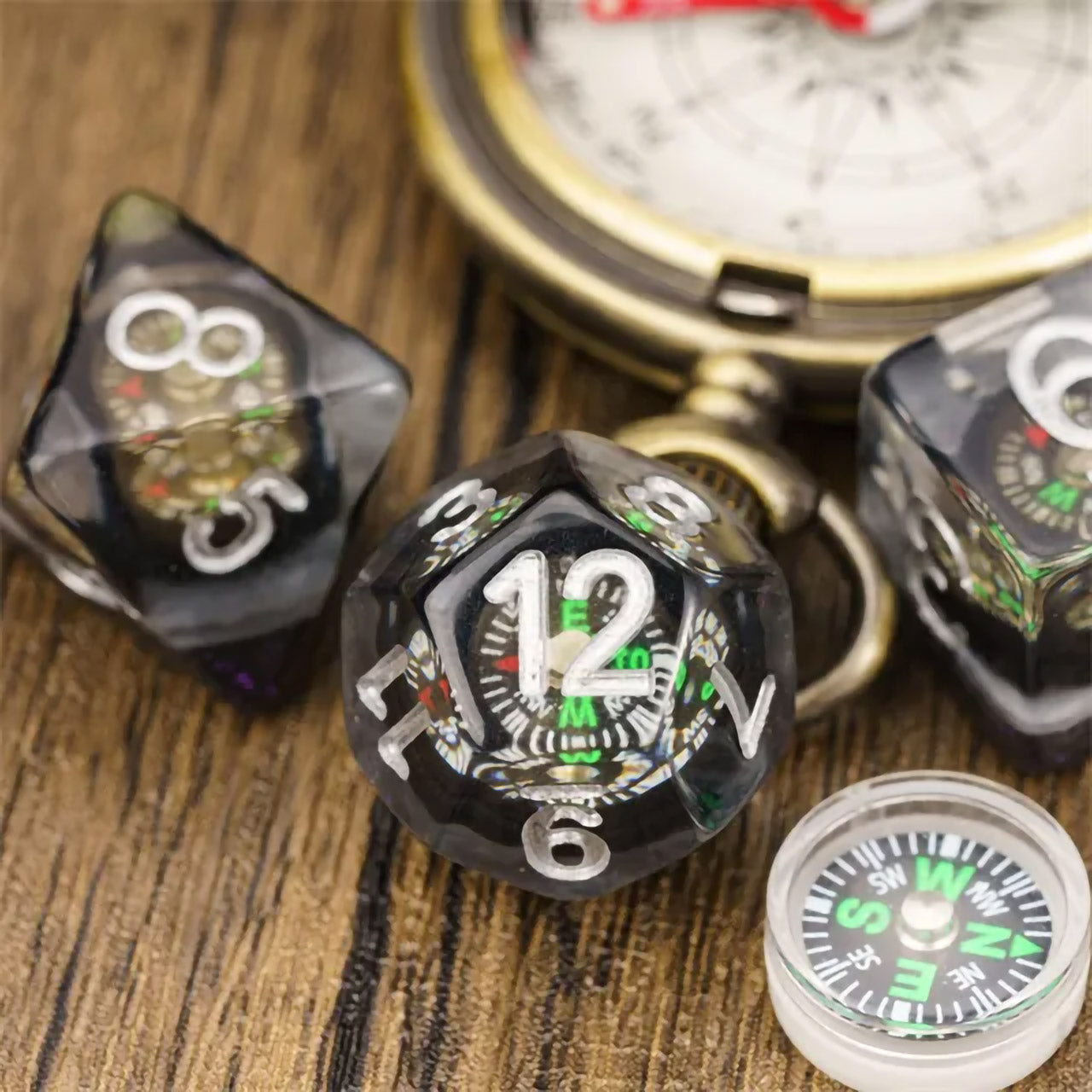 Compass 7pc Dice Set Inked in Silver