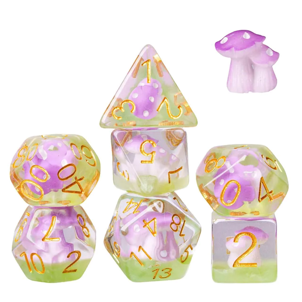 Purple Mushrooms 7pc Dice Set Inked in Gold